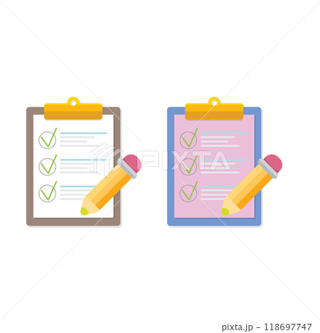 vector cartoon Clipboard icons set with green checkmarks and orange pencil isolated on transparent background. Checklist vector flat style symbol collection. to do list logo 118697747