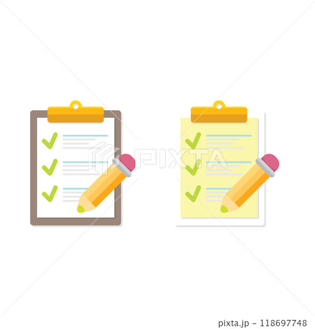 vector cartoon Clipboard icons set with green checkmarks and orange pencil isolated on transparent background. Checklist vector flat style symbol collection. to do list logo 118697748