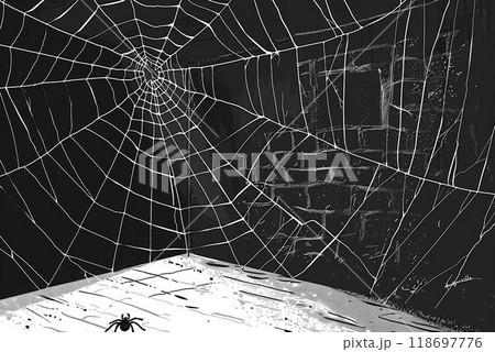 Intricate Spider Web Design with Black Spider in a Dark Room Illuminated by Moonlight for Halloween Background 118697776