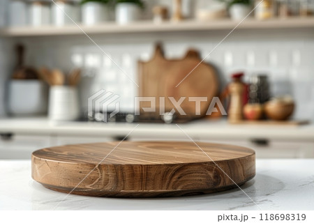 Wooden cutting board against a bright, modern kitchen backdrop. Kitchen podium background for food product. Ideal for culinary websites, blogs, or any content focused on cooking, design, or home decor 118698319