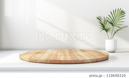 Kitchen podium background for food product. Wooden cutting board against a bright, modern kitchen backdrop. Table pedestal display, wooden platform. 118698320