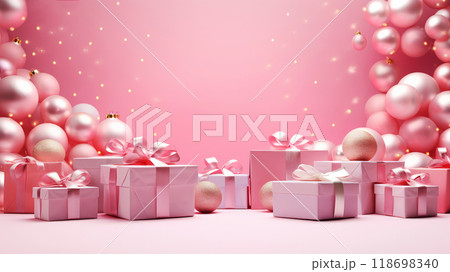 Pink Christmas background with festive gift boxes and Christmas balls. Holiday Christmas and New Year composition with copy space. 118698340