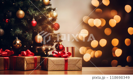 Merry Christmas background with festive gift boxes and Christmas balls. Holiday Christmas and New Year composition with copy space. 118698349