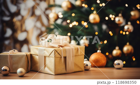 Merry Christmas background with festive gift boxes and Christmas balls. Holiday Christmas and New Year composition with copy space. 118698350