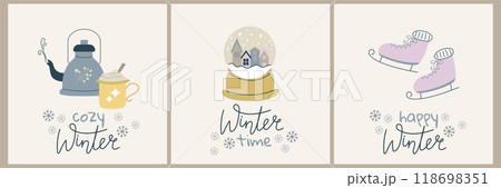 Christmas card set - hand drawn cute flyers. Postcards with lettering and Christmas elements. Christmas tree, balls, wreath. Flat vector illustrations. 118698351