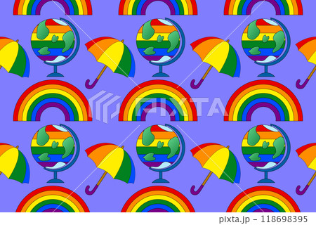 Illustration of a rainbow globe, umbrellas, and arcs representing LGBTQ plus pride and global inclusivity. Perfect for celebrating diversity and unity. 118698395