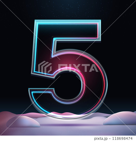 3D glass number 5 with neon light insight. Big relistic symbol with sparkles and winter background. Futuristic holiday decoration. Element for design poster, advertisign or game 3D glass number 5 with neon light insight. Big relistic symbol with sparkles and winter background. Futuristic holiday decoration. Element for design poster, advertisign or game 118698474