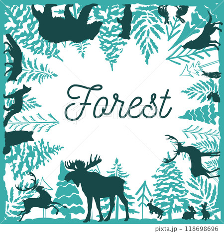 Frame of trees and animals in the forest. hand drawing. Not AI, Vector illustration 118698696