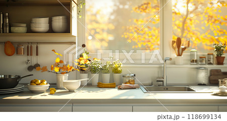 A kitchen with a lot of items on the counter, including a bowl of lemons by AI generated image 118699134