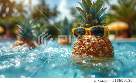A pineapple is wearing sunglasses and floating in a pool by AI generated image 118699150