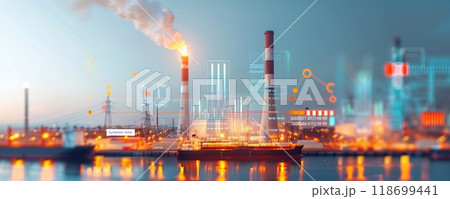 A large industrial plant with a ship in the background by AI generated image A large industrial plant with a ship in the background by AI generated image 118699441