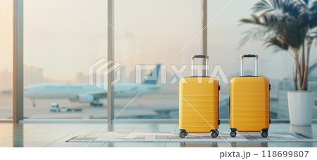 Two yellow suitcases are sitting next to each other in front of a large airplane by AI generated image 118699807
