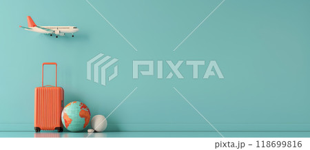 A blue wall with a suitcase, a globe and an airplane by AI generated image 118699816