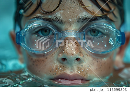 A young swimmer with goggles is underwater in a pool 118699898