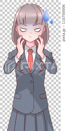 A schoolgirl in uniform with a cramp in her hands on her cheeks A schoolgirl in uniform with a cramp in her hands on her cheeks 118700006