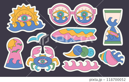 Summer groovy cartoon surf, waves, shell, crab, glasses sticker sheet. Trippy bright designs for sticker pack. 118700052