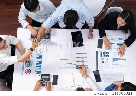 Group of diverse office worker employee high five and working together. Prudent Group of diverse office worker employee high five and working together. Prudent 118700321