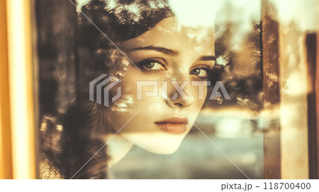 Beautiful young woman looking through window with sunlight reflecting on her face 118700400