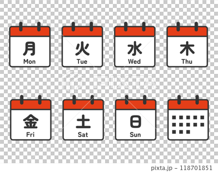 曜日(漢字と英語)のカレンダーアイコンセット 曜日(漢字と英語)のカレンダーアイコンセット 118701851