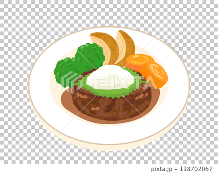 和風おろしハンバーグと野菜の付け合わせのイラスト 和風おろしハンバーグと野菜の付け合わせのイラスト 118702067