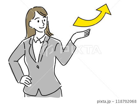 スーツの女性と上昇矢印の手描きラフ線画 118702068