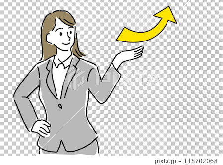 Hand-drawn rough line drawing of a woman in a suit and a rising arrow Hand-drawn rough line drawing of a woman in a suit and a rising arrow 118702068