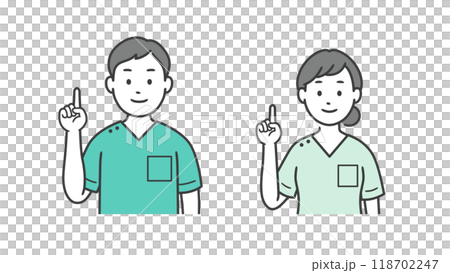 Upper body illustration of a male and female dentist pointing 118702247