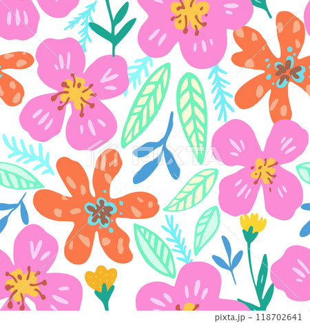 Colorful psychedelic tropical seamless pattern with red and orange flowers. 118702641