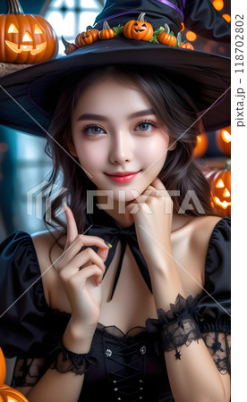 .ハロウィンのために魔女の仮装をした若い美人な女性。ハロウィンの装飾された背景。AI生成 118702802