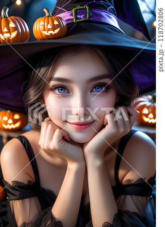 .ハロウィンのために魔女の仮装をした若い美人な女性。ハロウィンの装飾された背景。AI生成 .ハロウィンのために魔女の仮装をした若い美人な女性。ハロウィンの装飾された背景。AI生成 118702806