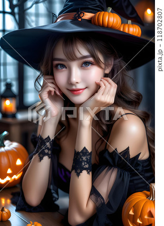 .ハロウィンのために魔女の仮装をした若い美人な女性。ハロウィンの装飾された背景。AI生成 .ハロウィンのために魔女の仮装をした若い美人な女性。ハロウィンの装飾された背景。AI生成 118702807
