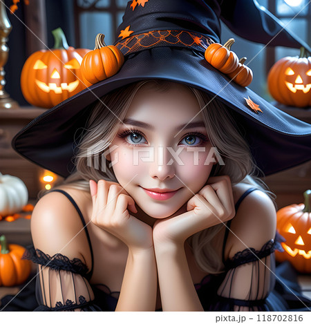 .ハロウィンのために魔女の仮装をした若い美人な女性。ハロウィンの装飾された背景。AI生成 .ハロウィンのために魔女の仮装をした若い美人な女性。ハロウィンの装飾された背景。AI生成 118702816