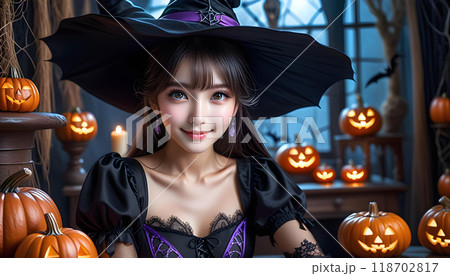 .ハロウィンのために魔女の仮装をした若い美人な女性。ハロウィンの装飾された背景。AI生成 .ハロウィンのために魔女の仮装をした若い美人な女性。ハロウィンの装飾された背景。AI生成 118702817