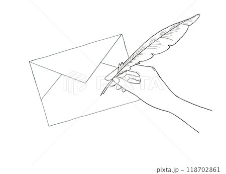 羽根ペンで手紙を書く手 線画イラストのイラスト素材 [118702861] - PIXTA