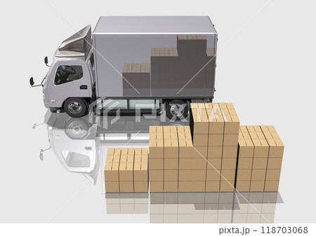 輸送トラックと　積荷の段ボールとで　輸送　物流関連を表現した3DCGイメージ 118703068
