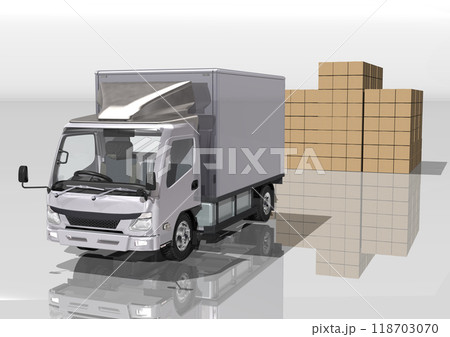 輸送トラックと　積荷の段ボールとで　輸送　物流関連を表現した3DCGイメージ 118703070