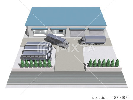 物流倉庫と　大型トラックとを　俯瞰した形の図でイメージした　3DCGイラスト 118703073