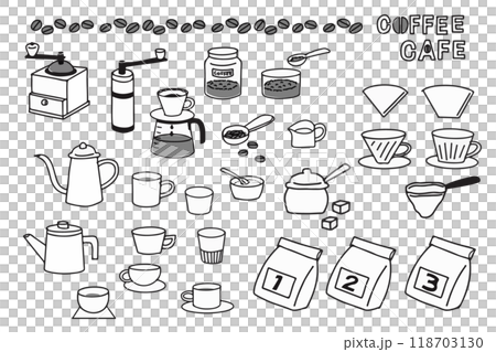 用於咖啡館和咖啡時間的各種工具的單色 用於咖啡館和咖啡時間的各種工具的單色 118703130