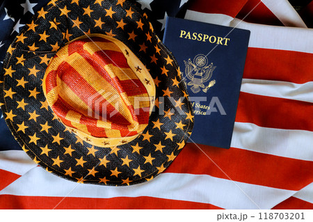 US passport represents citizenship naturalization over background of American flag 118703201