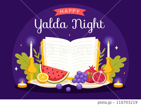 Happy Yalda Night Vector Illustration of an Iranian Festival, featuring a Watermelon Slice, Pomegranate, Candles, and Lemon in a Flat Background Happy Yalda Night Vector Illustration of an Iranian Festival, featuring a Watermelon Slice, Pomegranate, Candles, and Lemon in a Flat Background 118703219