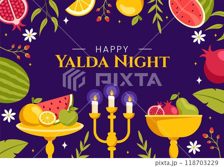 Happy Yalda Night Vector Illustration of an Iranian Festival, featuring a Watermelon Slice, Pomegranate, Candles, and Lemon in a Flat Background Happy Yalda Night Vector Illustration of an Iranian Festival, featuring a Watermelon Slice, Pomegranate, Candles, and Lemon in a Flat Background 118703229