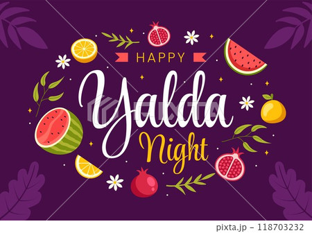 Happy Yalda Night Vector Illustration of an Iranian Festival, featuring a Watermelon Slice, Pomegranate, Candles, and Lemon in a Flat Background Happy Yalda Night Vector Illustration of an Iranian Festival, featuring a Watermelon Slice, Pomegranate, Candles, and Lemon in a Flat Background 118703232