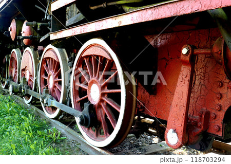 Retro steam locomotive wheels and rods. Retro steam locomotive wheels and rods. 118703294