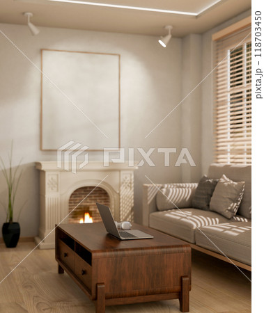 A laptop on a classic hardwood coffee table in a contemporary, luxurious living room. A laptop on a classic hardwood coffee table in a contemporary, luxurious living room. 118703450