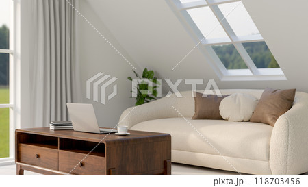 Contemporary bright living room featuring a white sofa, a laptop on a minimal hardwood coffee table. Contemporary bright living room featuring a white sofa, a laptop on a minimal hardwood coffee table. 118703456