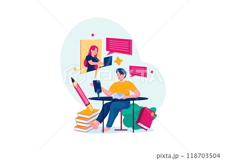 Students learning and discussing with online teacher. Students learning and discussing with online teacher. 118703504