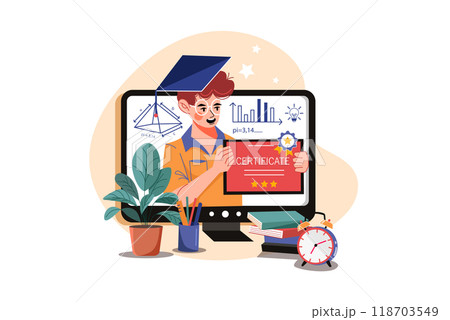Guy with a certificate after online school 118703549