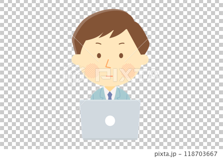 Illustration of a male employee using a computer with a serious face 118703667