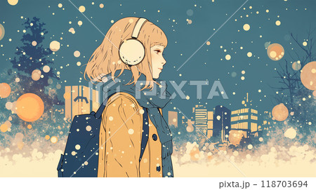 雪の降る都会の街をヘッドフォンをして歩く女性 118703694