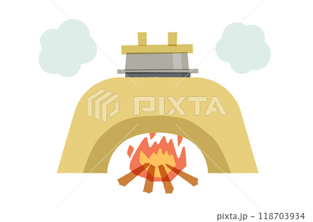 火がついたかまどに置かれた釜から湯気が上がっているイラスト。薪を焼べられた日本式の調理かまど 火がついたかまどに置かれた釜から湯気が上がっているイラスト。薪を焼べられた日本式の調理かまど 118703934